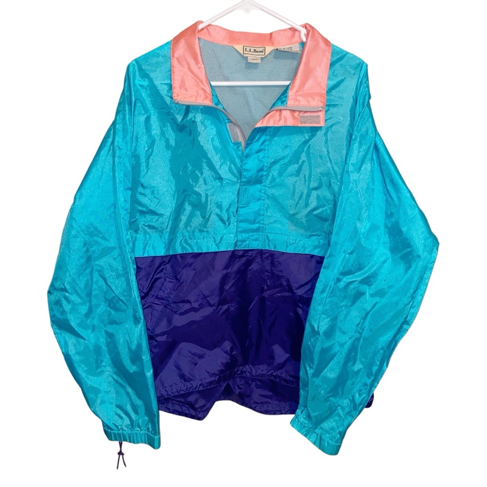 Vintage LL Bean Jacket Womens Large Nylon Anorak Colorblock Pockets Drawstring